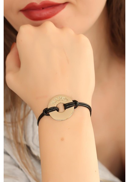 Happy (Mutlu) Siyah Deri Ipli Unisex Mood Bileklik - EBJ251004W38051