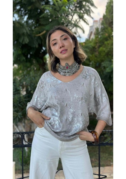 NC6016 Italyan Fakir Kol Baskılı Ince Triko Bluz Taş fiyatları