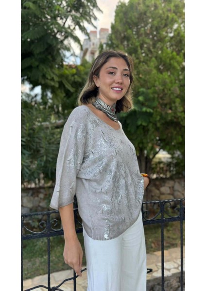 NC6016 Italyan Fakir Kol Baskılı Ince Triko Bluz Taş fırsatları