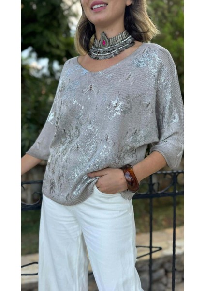 NC6016 Italyan Fakir Kol Baskılı Ince Triko Bluz Taş indirimleri