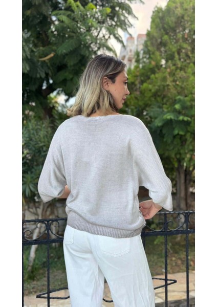 NC6016 Italyan Fakir Kol Baskılı Ince Triko Bluz Taş