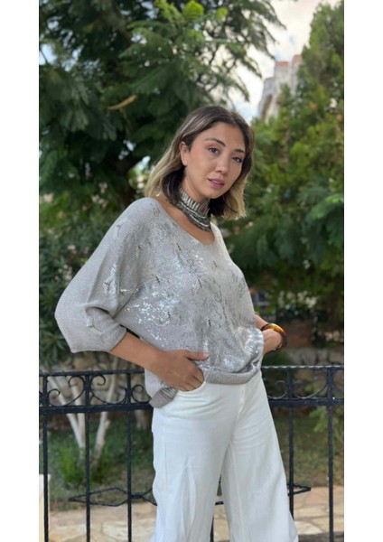 NC6016 Italyan Fakir Kol Baskılı Ince Triko Bluz Taş