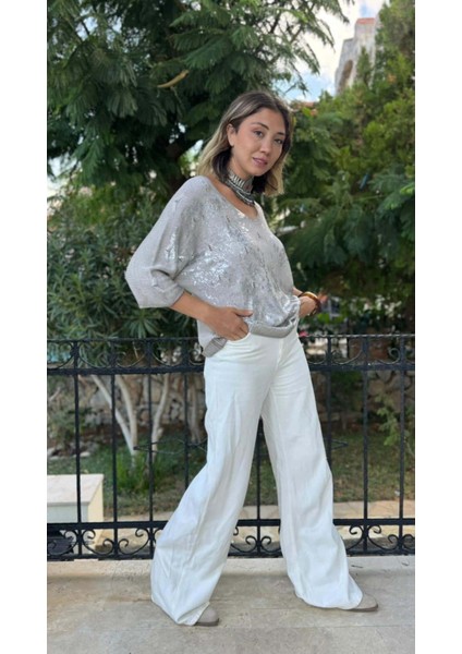 NC6016 Italyan Fakir Kol Baskılı Ince Triko Bluz Taş