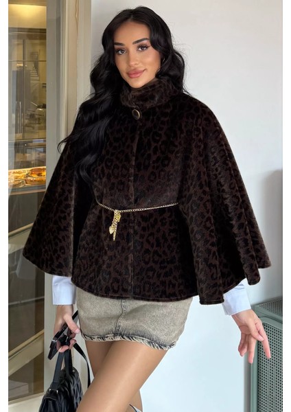 Kadın Leopar Desen Su Fırçalı Kaşe Panço P-00018374