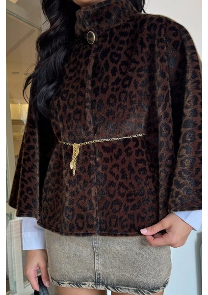 Kadın Leopar Desen Su Fırçalı Kaşe Panço P-00018374 fırsatları