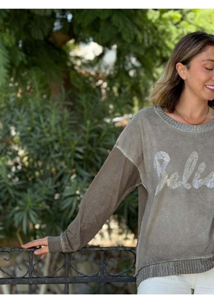 NC58939 Italyan Believe Taşlı Sweatshirt Vizon fiyatları