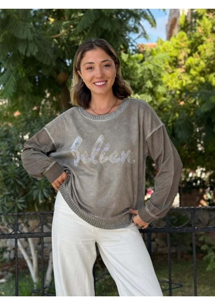 NC58939 Italyan Believe Taşlı Sweatshirt Vizon