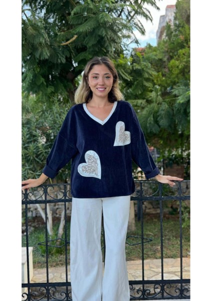 LS1119 Italyan Kalp Desenli Kadife Bluz Lacivert fiyatları