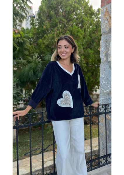 LS1119 Italyan Kalp Desenli Kadife Bluz Lacivert modelleri