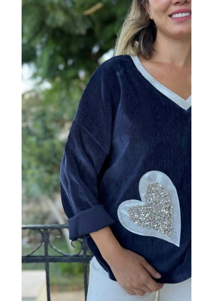 LS1119 Italyan Kalp Desenli Kadife Bluz Lacivert fırsatları