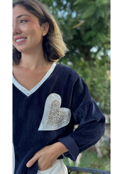 LS1119 Italyan Kalp Desenli Kadife Bluz Lacivert indirimleri