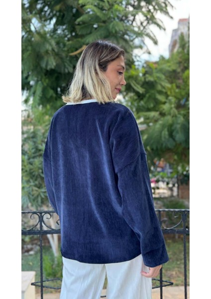 LS1119 Italyan Kalp Desenli Kadife Bluz Lacivert