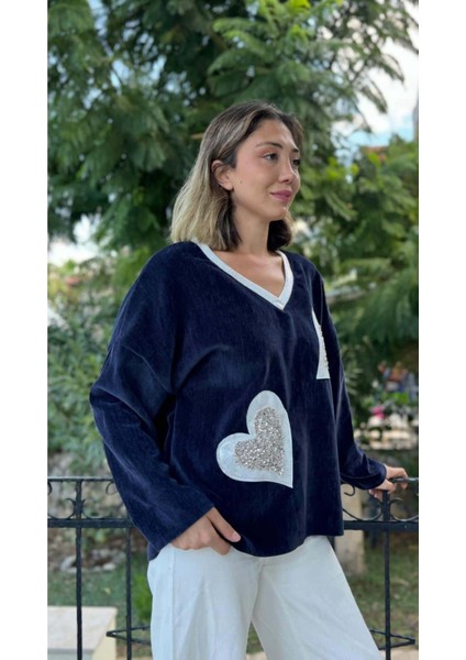 LS1119 Italyan Kalp Desenli Kadife Bluz Lacivert