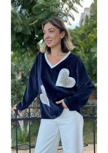 LS1119 Italyan Kalp Desenli Kadife Bluz Lacivert