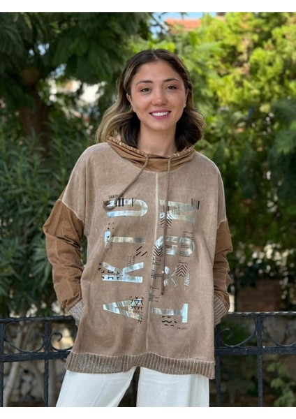 NC53050D Italyan Yazı Baskılı Cepli Kapüşonlu Coton Sweatshirt Camel
