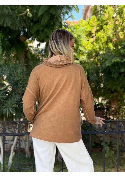 NC53050D Italyan Yazı Baskılı Cepli Kapüşonlu Coton Sweatshirt Camel indirimleri