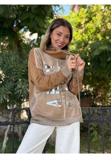 NC53050D Italyan Yazı Baskılı Cepli Kapüşonlu Coton Sweatshirt Camel