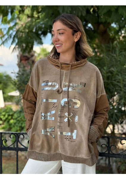 NC53050D Italyan Yazı Baskılı Cepli Kapüşonlu Coton Sweatshirt Camel