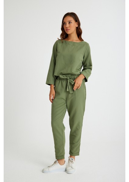 Keten Günlük Rahat Beli Kemerli Kadın İkili Takım Alt Üst