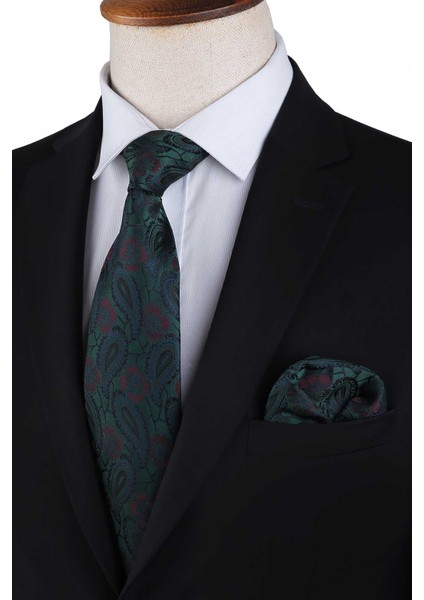 Yeşil Şal Desen Mendilli Klasik Kravat KK13126