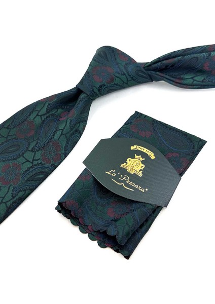 Yeşil Şal Desen Mendilli Klasik Kravat KK13126 fırsatları