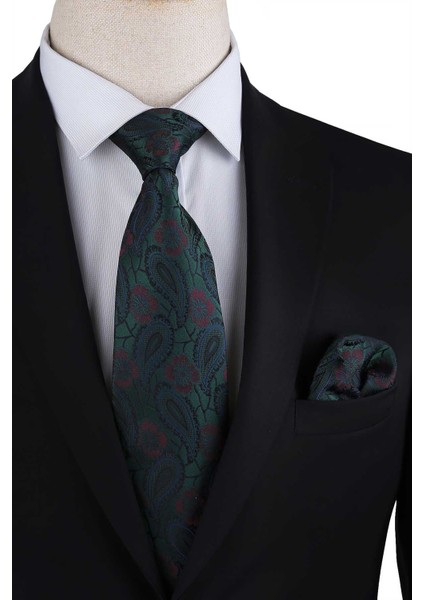 Yeşil Şal Desen Mendilli Klasik Kravat KK13126 indirimleri