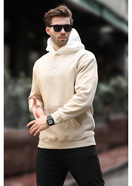 Bej Kapüşonlu Renk Bloklu Nakış Detaylı Erkek Sweatshirt 7088