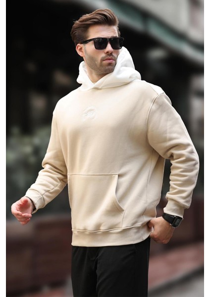 Bej Kapüşonlu Renk Bloklu Nakış Detaylı Erkek Sweatshirt 7088 fiyatları