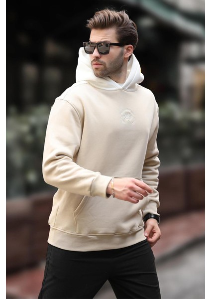 Bej Kapüşonlu Renk Bloklu Nakış Detaylı Erkek Sweatshirt 7088 modelleri