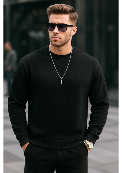 Erkek Basic Pamuklu Salaş Kışlık Siyah Sweatshirt