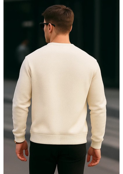 Erkek Basic Pamuklu Salaş Kışlık Krem Sweatshirt
