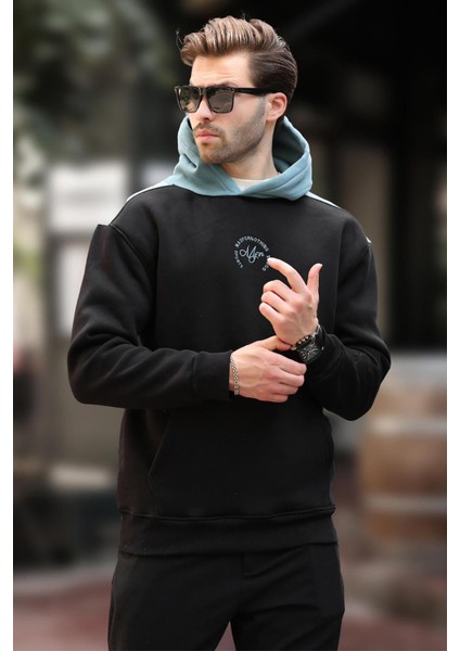 Siyah Kapüşonlu Renk Bloklu Nakış Detaylı Erkek Sweatshirt 7088 fiyatları