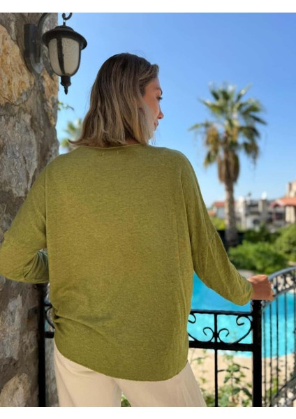 NC20662 Italyan Kendinden Desenli V Yaka Triko Bluz Fıstık