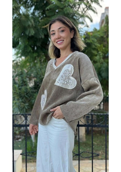 LS1119 Italyan Kalp Desenli Kadife Bluz Vizon