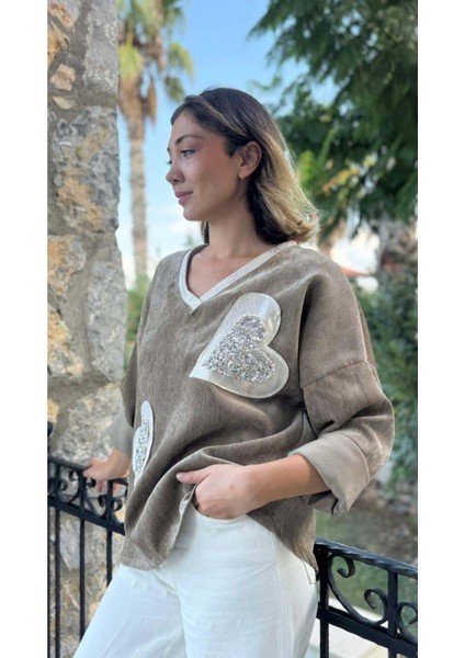 LS1119 Italyan Kalp Desenli Kadife Bluz Vizon fırsatları