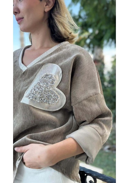 LS1119 Italyan Kalp Desenli Kadife Bluz Vizon indirimleri