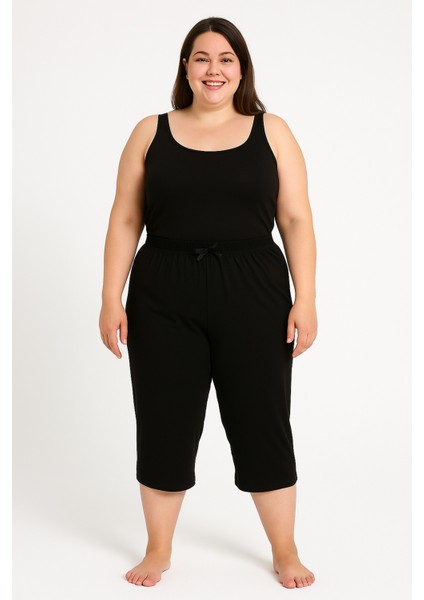 Yüksek Bel Yazlık Kapri Boy Siyah Büyük Beden Düz Pijama Altı
