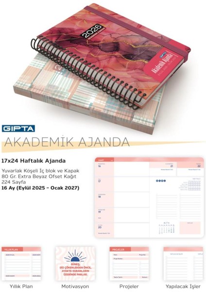 2025 EYLÜL-2026 Aralık Dikişli Akademik Ajanda 17X24 cm Model-10 fiyatları