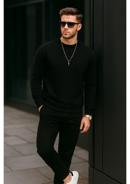 Erkek Basic Pamuklu Salaş Kışlık Siyah Sweatshirt