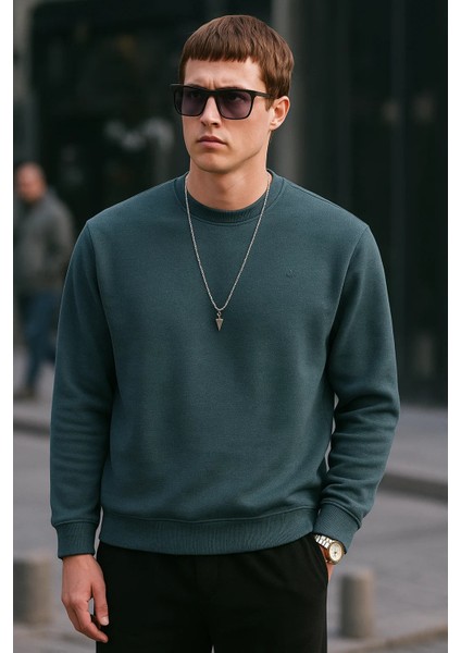 Erkek Basic Pamuklu Salaş Kışlık Bol Mavi Sweatshirt