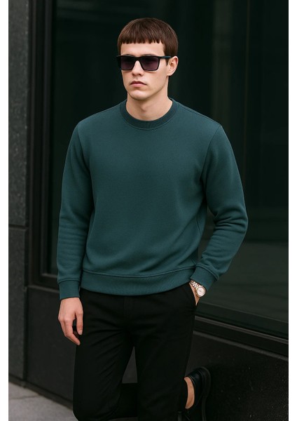 Erkek Basic Pamuklu Salaş Kışlık Bol Mavi Sweatshirt