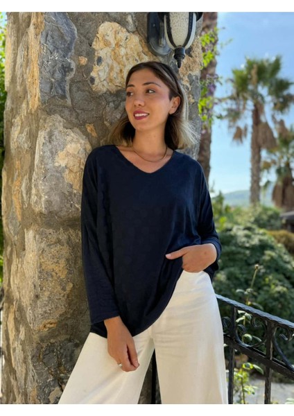 NC20662 Italyan Kendinden Desenli V Yaka Triko Bluz Laci