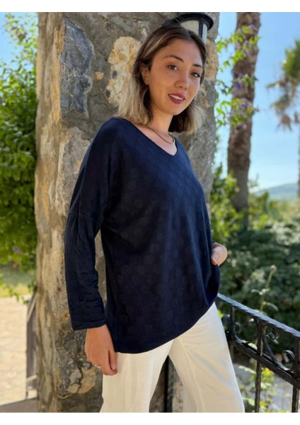 NC20662 Italyan Kendinden Desenli V Yaka Triko Bluz Laci fiyatları