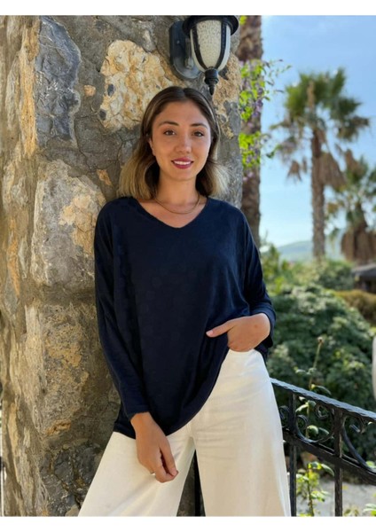 NC20662 Italyan Kendinden Desenli V Yaka Triko Bluz Laci modelleri