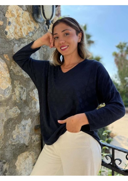 NC20662 Italyan Kendinden Desenli V Yaka Triko Bluz Laci fırsatları