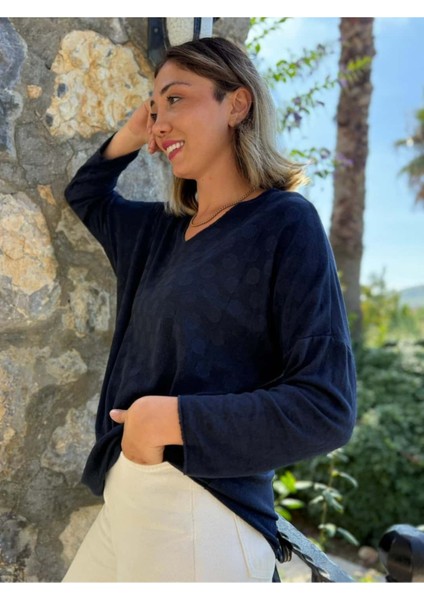 NC20662 Italyan Kendinden Desenli V Yaka Triko Bluz Laci indirimleri