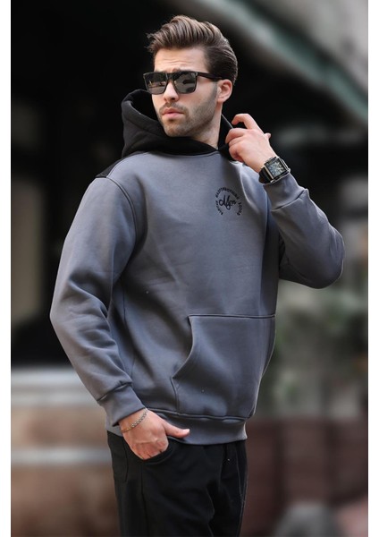 Füme Kapüşonlu Renk Bloklu Nakış Detaylı Erkek Sweatshirt 7088