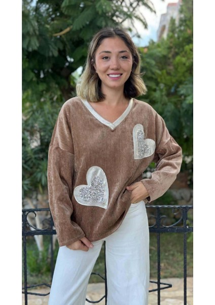 LS1119 Italyan Kalp Desenli Kadife Bluz Camel