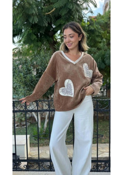 LS1119 Italyan Kalp Desenli Kadife Bluz Camel fiyatları