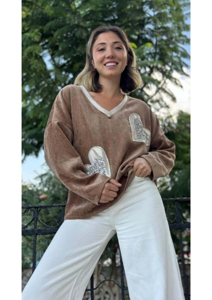 LS1119 Italyan Kalp Desenli Kadife Bluz Camel